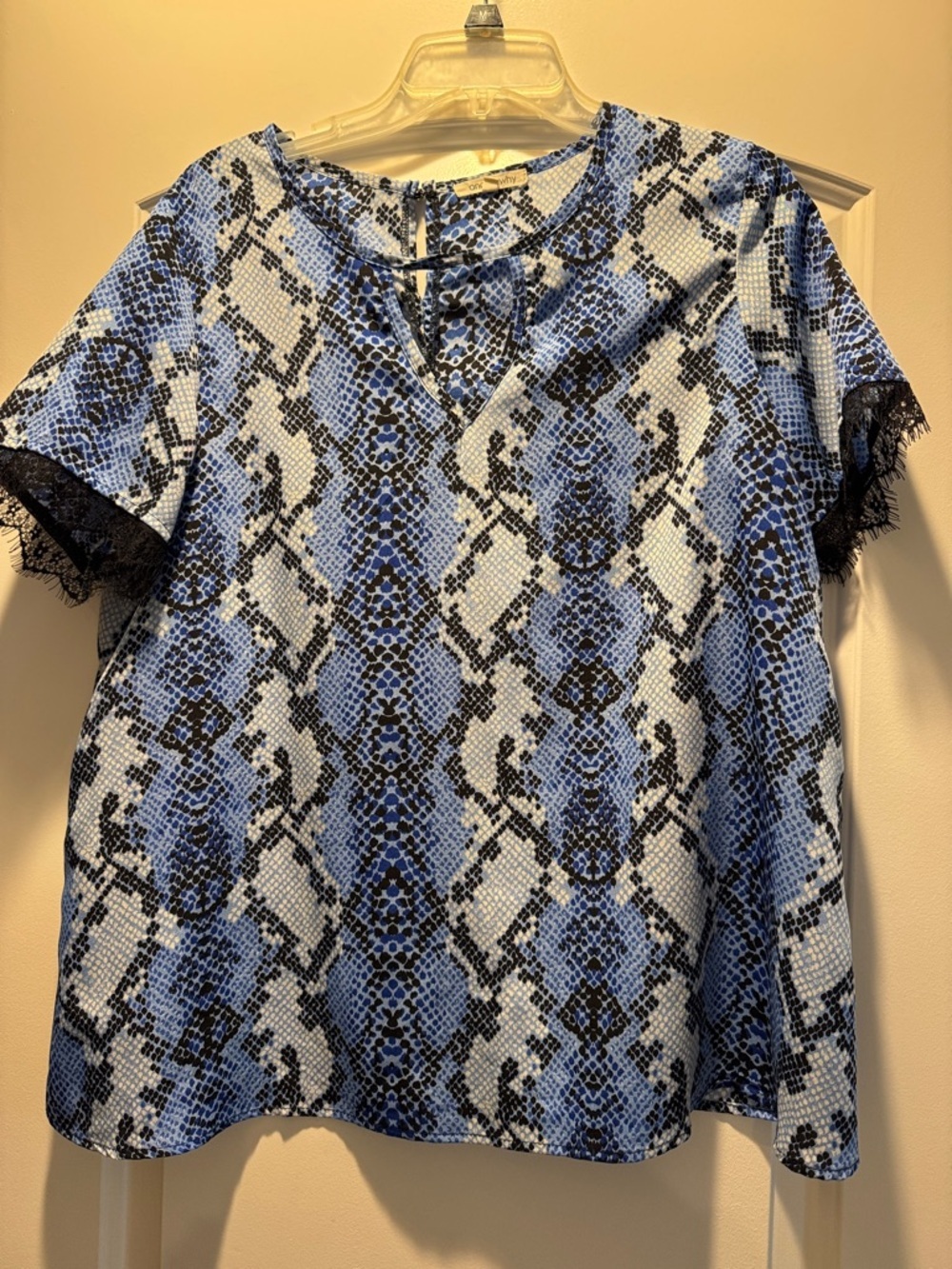 Blue Snake-Print V-Neck Blouse with Black Lace Trim